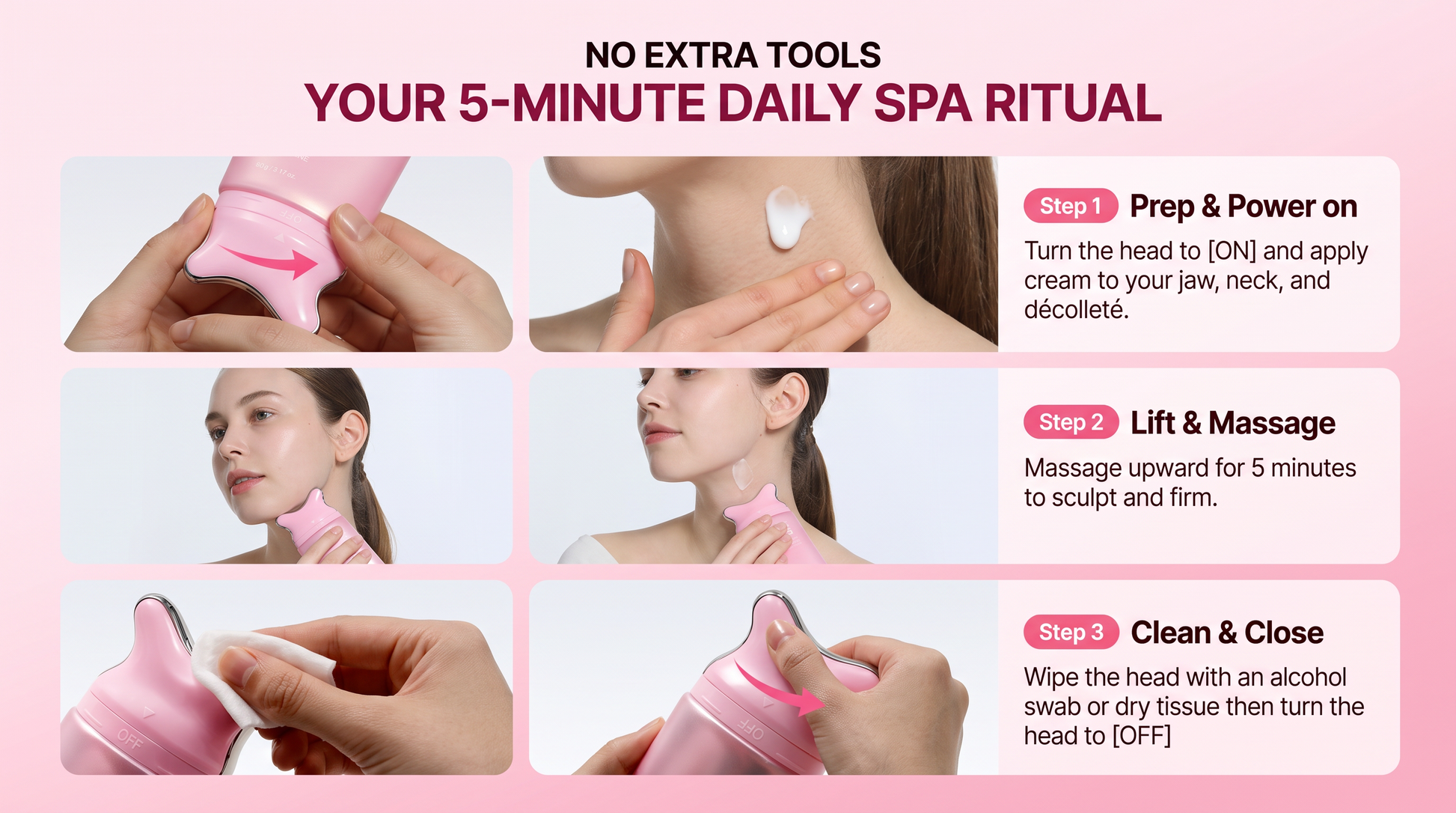 An instructional graphic titled 'YOUR 5-MINUTE DAILY SPA RITUAL' showing six panels with a pink handheld facial massager being used on hands and a woman's face. Text labels describe steps: Prep & Power on, Lift & Massage, and Clean & Close.