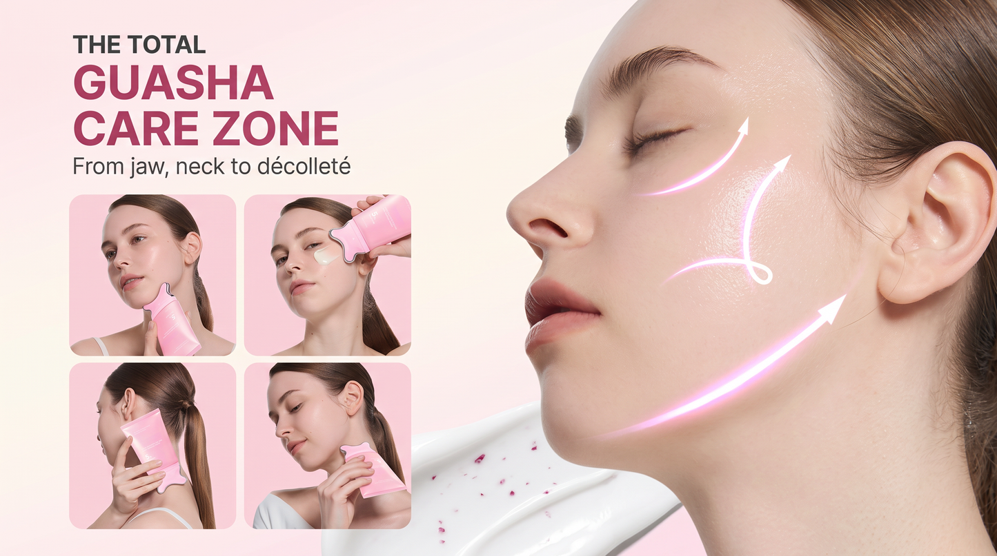 Promotional graphic for a Gua sha facial massage tool, showing a woman in profile with glowing pink arrows on her face and neck, plus four smaller inset photos demonstrating the tool on different facial areas. Text reads 'THE TOTAL GUASHA CARE ZONE' and 'From jaw to decolleté'.