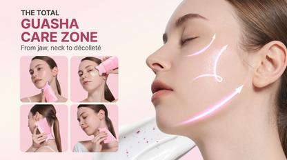 Promotional graphic for a Gua sha facial massage tool, showing a woman in profile with glowing pink arrows on her face and neck, plus four smaller inset photos demonstrating the tool on different facial areas. Text reads 'THE TOTAL GUASHA CARE ZONE' and 'From jaw to decolleté'.