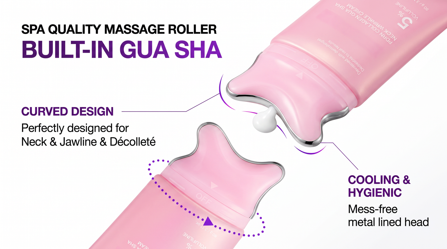 Pink spa massage roller tool with built-in gua sha design, shown in two angled views on a white background with promotional text highlighting curved design, cooling and hygienic metal-lined head.