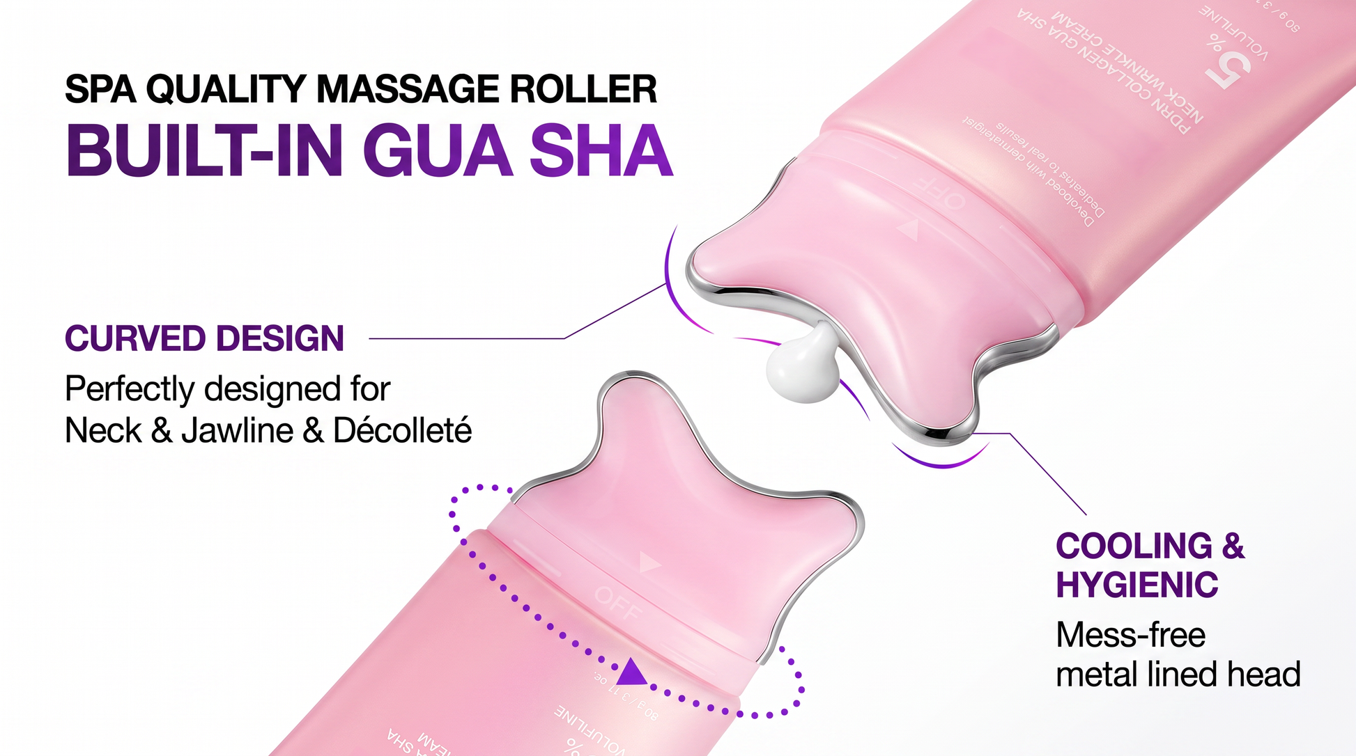 Pink spa massage roller tool with built-in gua sha design, shown in two angled views on a white background with promotional text highlighting curved design, cooling and hygienic metal-lined head.