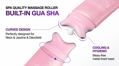 Pink spa massage roller tool with built-in gua sha design, shown in two angled views on a white background with promotional text highlighting curved design, cooling and hygienic metal-lined head.