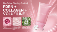 Pink cosmetic tube labeled 'The Triple Firming Cocktail' with large text reading 'PDRN + COLLAGEN + VOLUFILINE' and three small feature panels on a pink background.