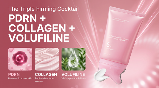 Pink cosmetic tube labeled 'The Triple Firming Cocktail' with large text reading 'PDRN + COLLAGEN + VOLUFILINE' and three small feature panels on a pink background.
