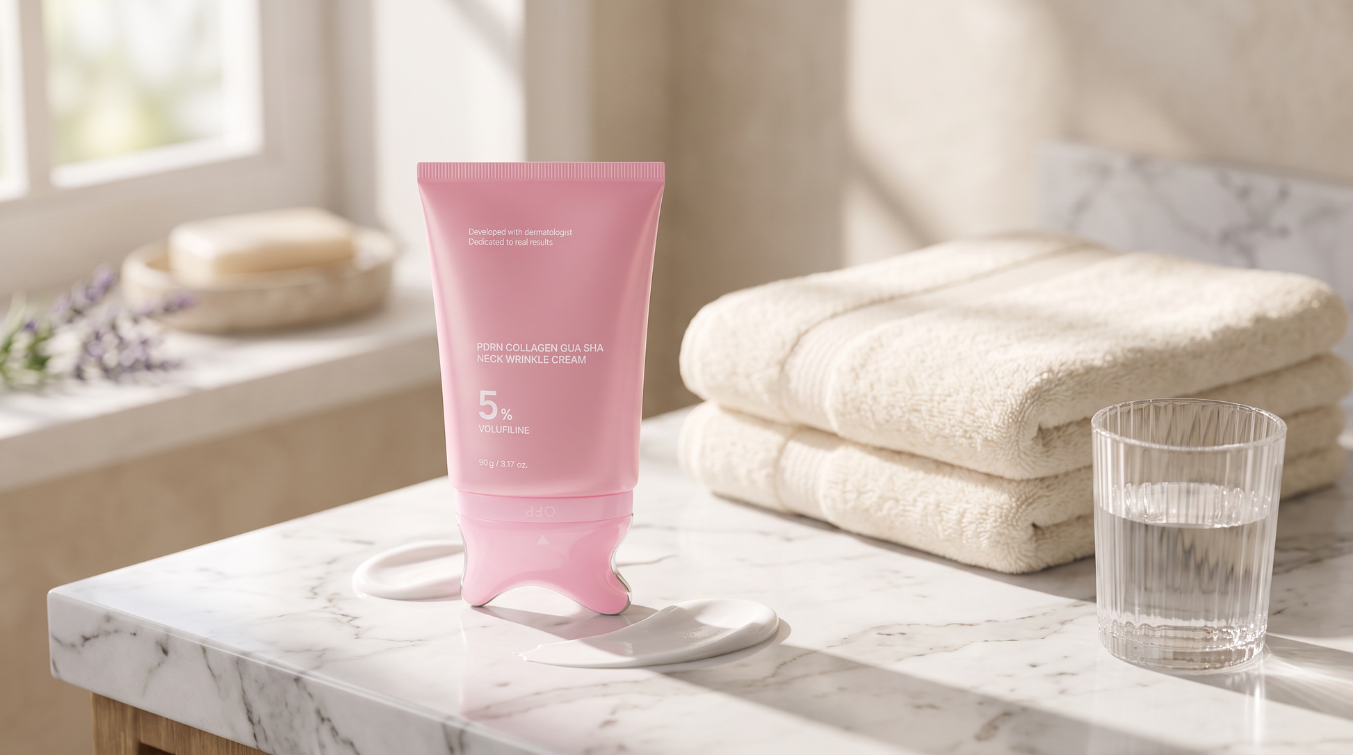 A pink tube of facial cleanser stands on a white dish on a marble bathroom counter, with folded cream towels and a glass of water nearby in a softly lit room.